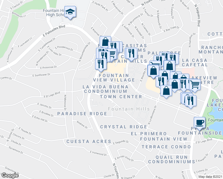 map of restaurants, bars, coffee shops, grocery stores, and more near 13237 North Vandalia Drive in Fountain Hills