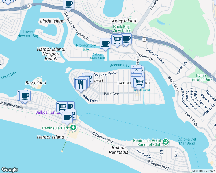 map of restaurants, bars, coffee shops, grocery stores, and more near 219 Diamond Avenue in Newport Beach