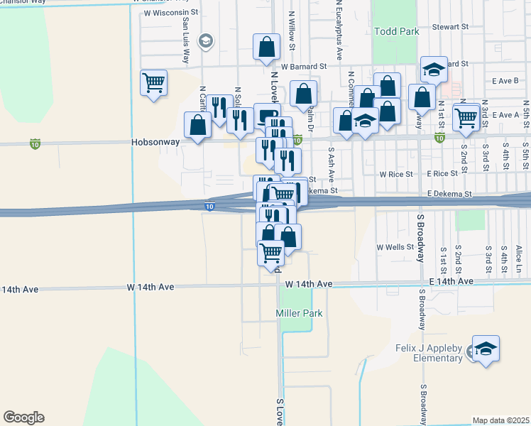 map of restaurants, bars, coffee shops, grocery stores, and more near 700 W Donlon St in Blythe