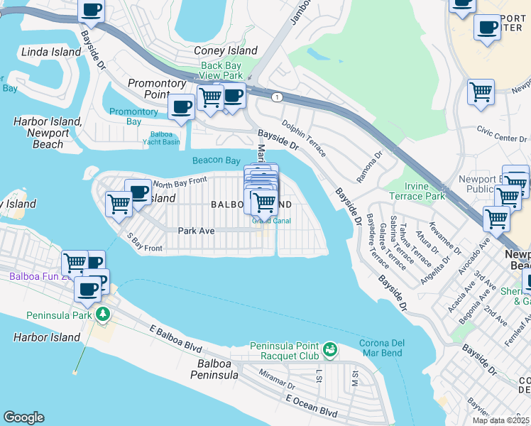 map of restaurants, bars, coffee shops, grocery stores, and more near 204 Marine Avenue in Newport Beach