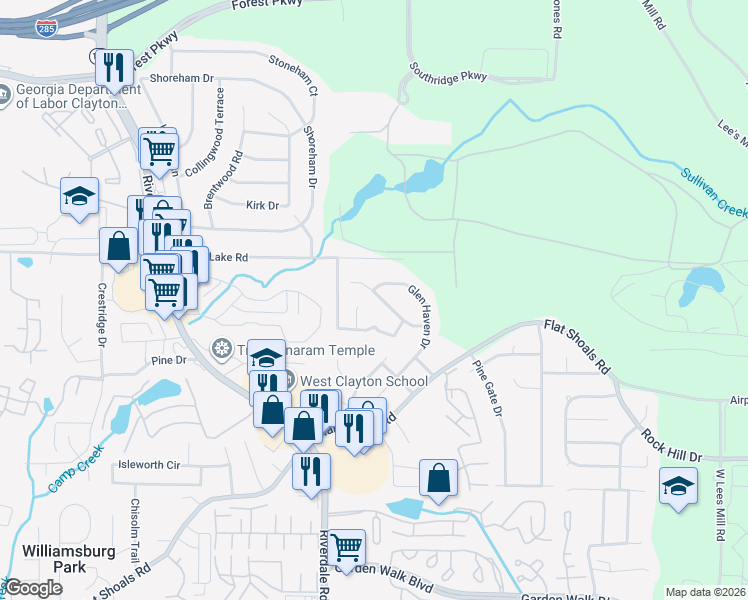 map of restaurants, bars, coffee shops, grocery stores, and more near 5446 Waterfall Court in Atlanta