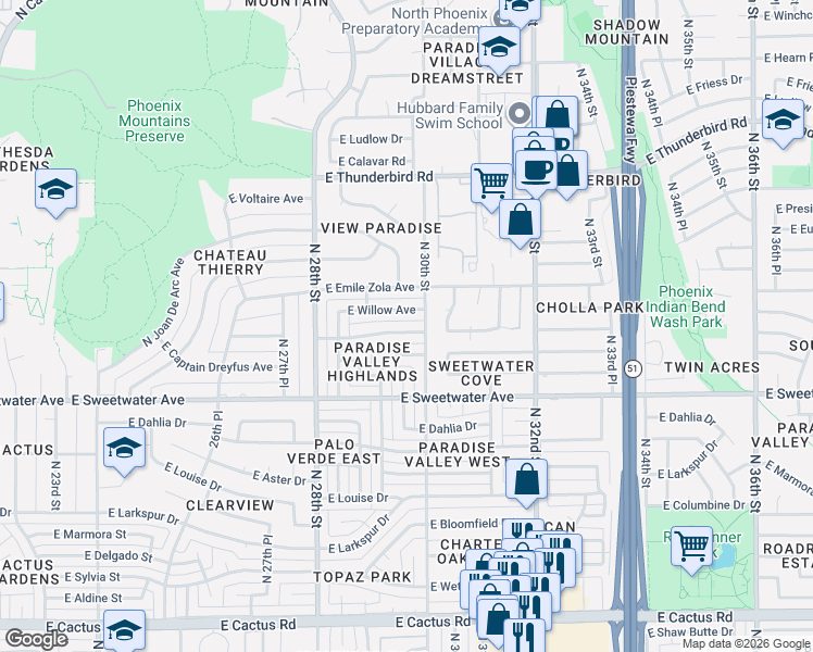 map of restaurants, bars, coffee shops, grocery stores, and more near 2923 East Pershing Avenue in Phoenix