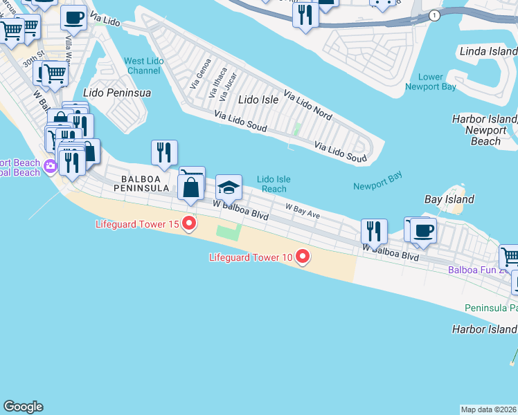 map of restaurants, bars, coffee shops, grocery stores, and more near 1224 West Balboa Boulevard in Newport Beach