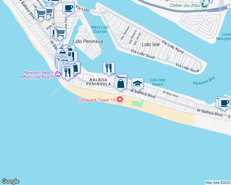 map of restaurants, bars, coffee shops, grocery stores, and more near 1516 West Oceanfront in Newport Beach