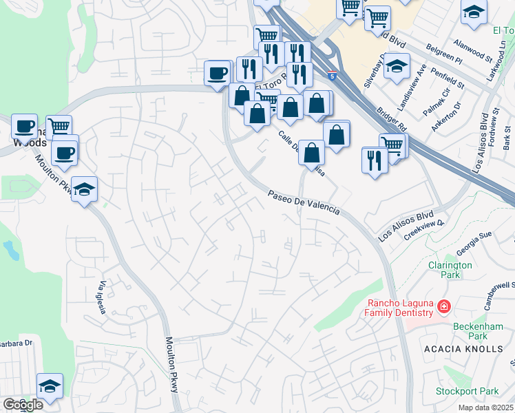map of restaurants, bars, coffee shops, grocery stores, and more near in Laguna Woods