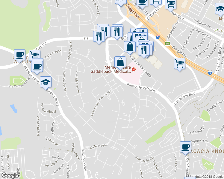 map of restaurants, bars, coffee shops, grocery stores, and more near Calle Aragon & Calle Cadiz in Laguna Woods