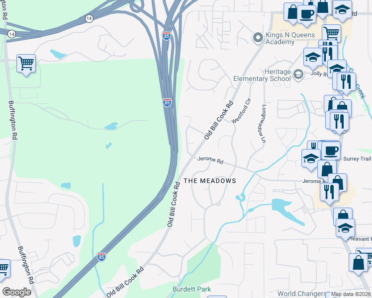 map of restaurants, bars, coffee shops, grocery stores, and more near 5557 Jerome Road in College Park