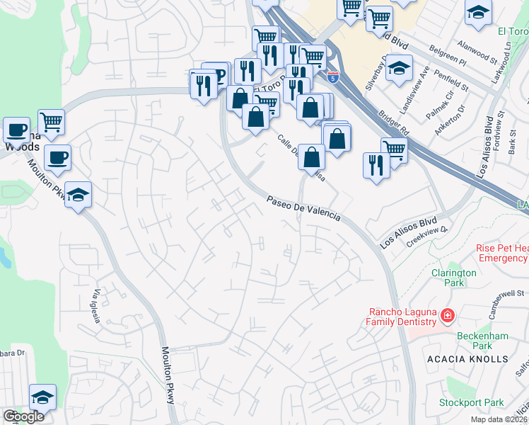 map of restaurants, bars, coffee shops, grocery stores, and more near in Laguna Woods