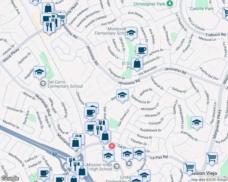 map of restaurants, bars, coffee shops, grocery stores, and more near 24505 Chamalea Drive in Mission Viejo