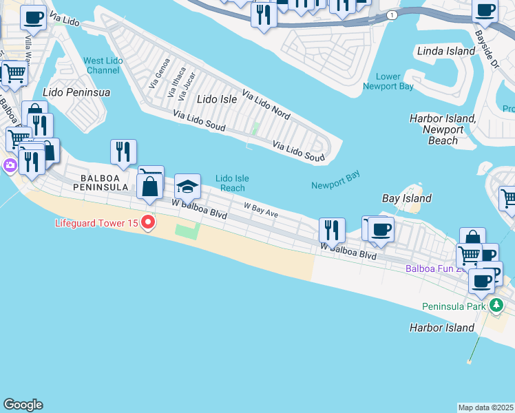 map of restaurants, bars, coffee shops, grocery stores, and more near 1042 West Bay Avenue in Newport Beach