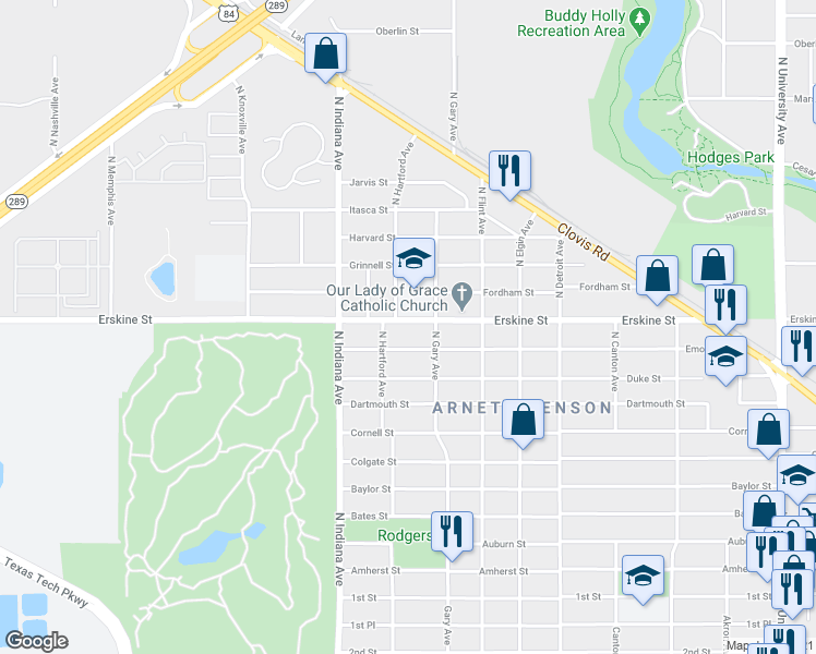 map of restaurants, bars, coffee shops, grocery stores, and more near 3204 Emory Street in Lubbock