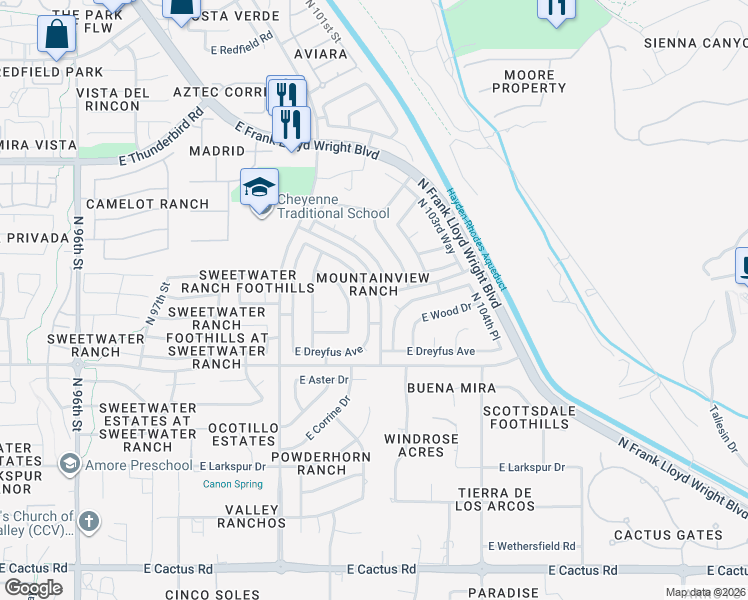 map of restaurants, bars, coffee shops, grocery stores, and more near 13193 North 101st Way in Scottsdale