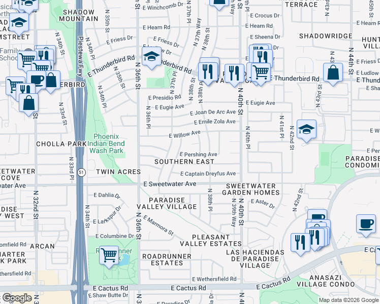 map of restaurants, bars, coffee shops, grocery stores, and more near 3750 East Surrey Avenue in Phoenix