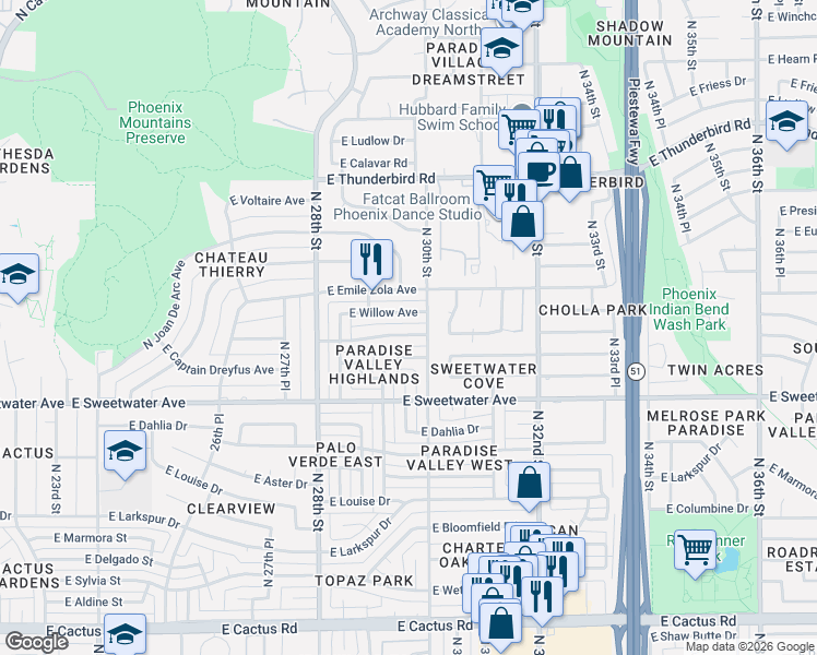 map of restaurants, bars, coffee shops, grocery stores, and more near 2923 East Pershing Avenue in Phoenix