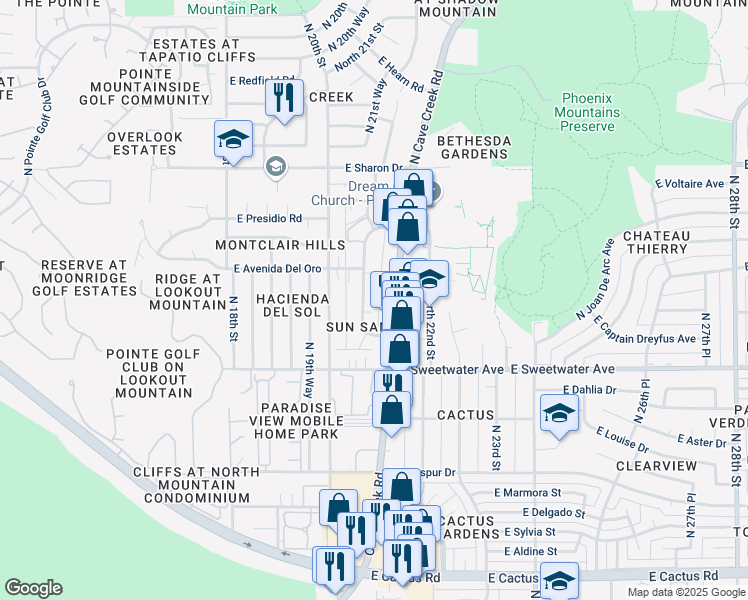 map of restaurants, bars, coffee shops, grocery stores, and more near 13202 North 21st Place in Phoenix