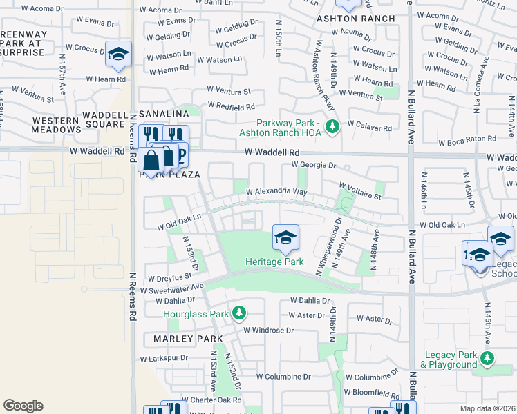 map of restaurants, bars, coffee shops, grocery stores, and more near 13380 North 151st Drive in Surprise