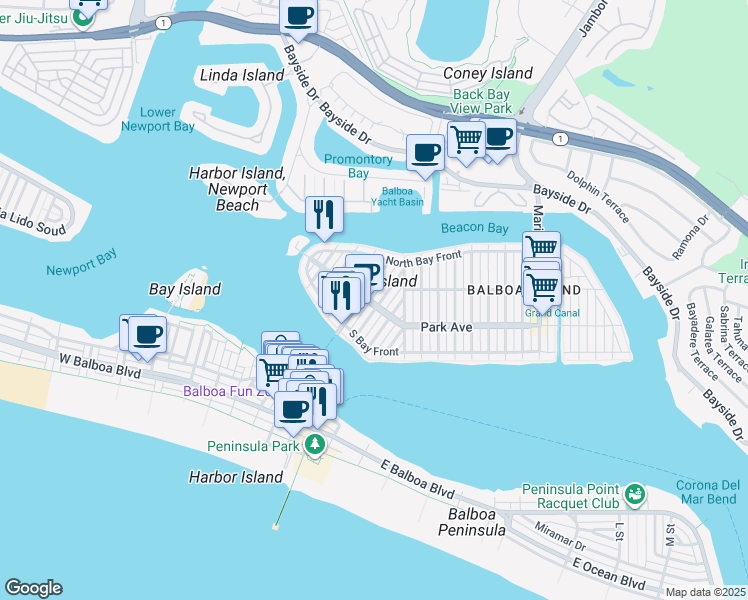 map of restaurants, bars, coffee shops, grocery stores, and more near 128 Opal Avenue in Newport Beach