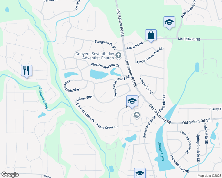 map of restaurants, bars, coffee shops, grocery stores, and more near 2607 Westchester Parkway Southeast in Conyers
