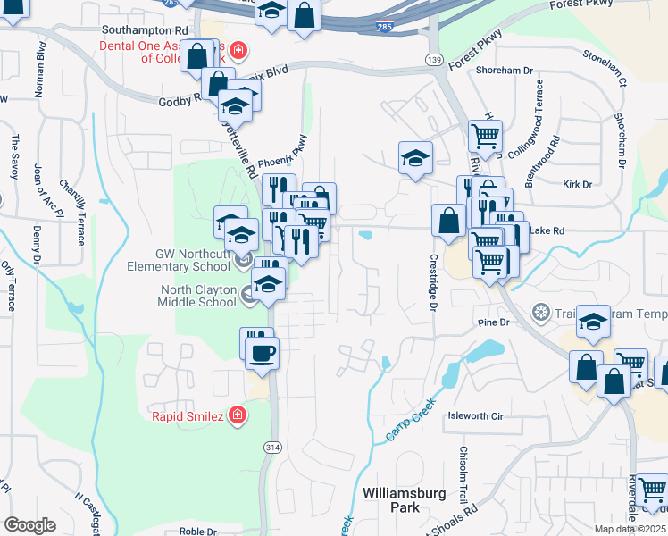 map of restaurants, bars, coffee shops, grocery stores, and more near 5461 Park Place South in Atlanta