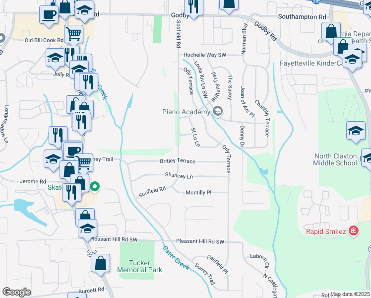 map of restaurants, bars, coffee shops, grocery stores, and more near 2195 Britley Terrace in College Park