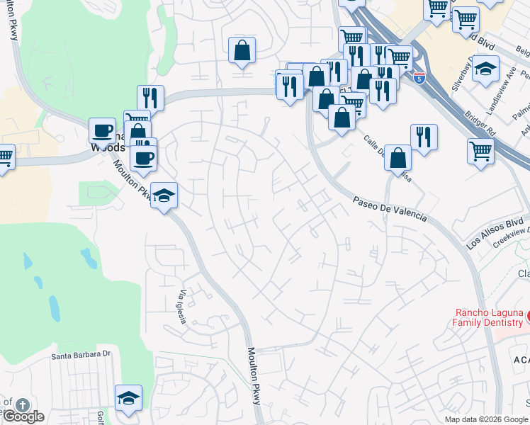 map of restaurants, bars, coffee shops, grocery stores, and more near 395 Avenida Castilla in Laguna Woods