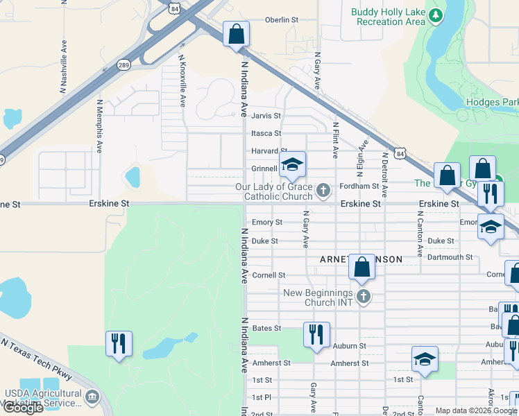 map of restaurants, bars, coffee shops, grocery stores, and more near 3316 Emory Street in Lubbock