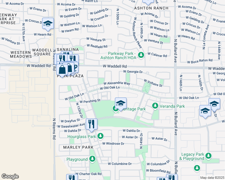 map of restaurants, bars, coffee shops, grocery stores, and more near 13380 North 151st Drive in Surprise