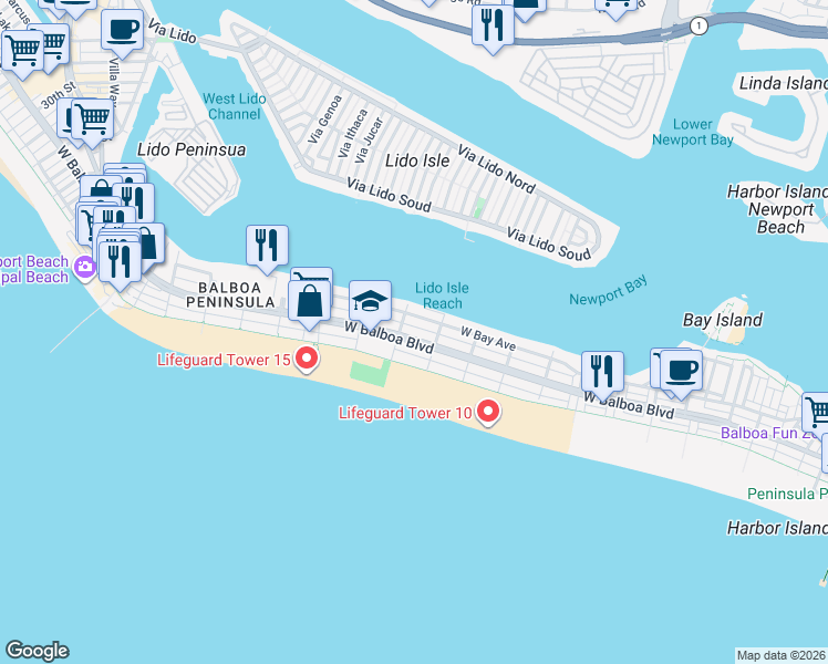 map of restaurants, bars, coffee shops, grocery stores, and more near 1234 West Balboa Boulevard in Newport Beach