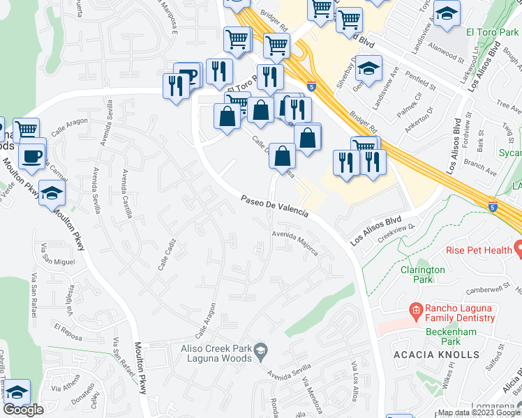 map of restaurants, bars, coffee shops, grocery stores, and more near 124 Via Estrada in Laguna Woods