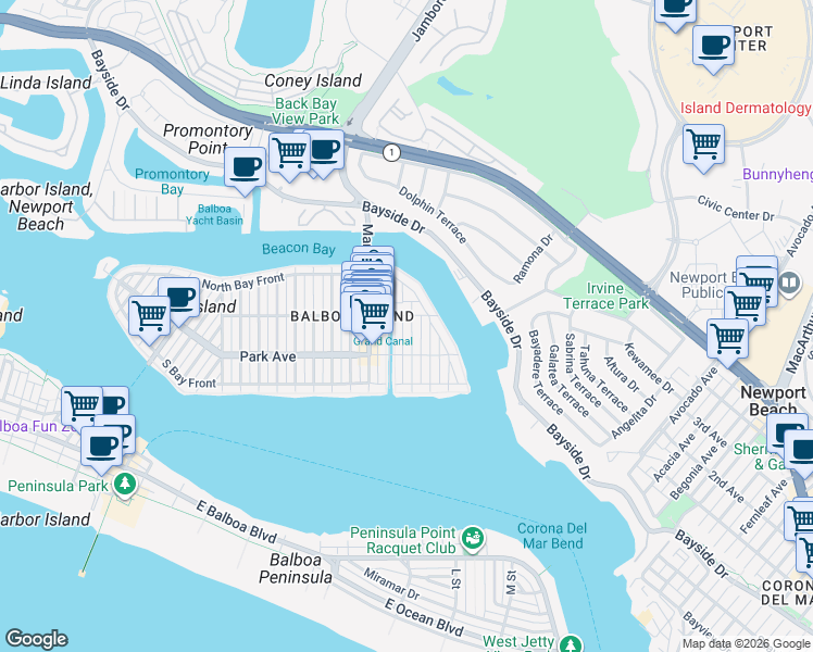 map of restaurants, bars, coffee shops, grocery stores, and more near 221 Abalone Avenue in Newport Beach