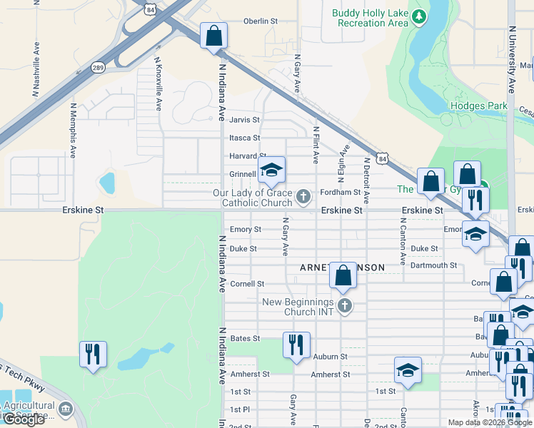 map of restaurants, bars, coffee shops, grocery stores, and more near 3204 Emory Street in Lubbock