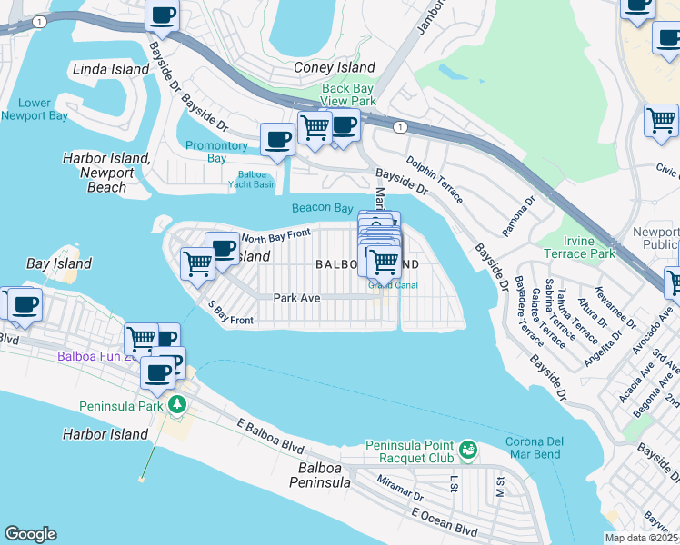 map of restaurants, bars, coffee shops, grocery stores, and more near 204 Coral Avenue in Newport Beach
