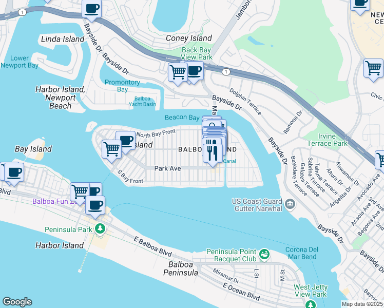map of restaurants, bars, coffee shops, grocery stores, and more near 220 Apolena Avenue in Newport Beach