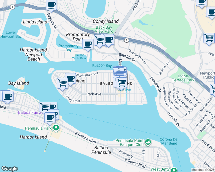 map of restaurants, bars, coffee shops, grocery stores, and more near 220 Apolena Avenue in Newport Beach