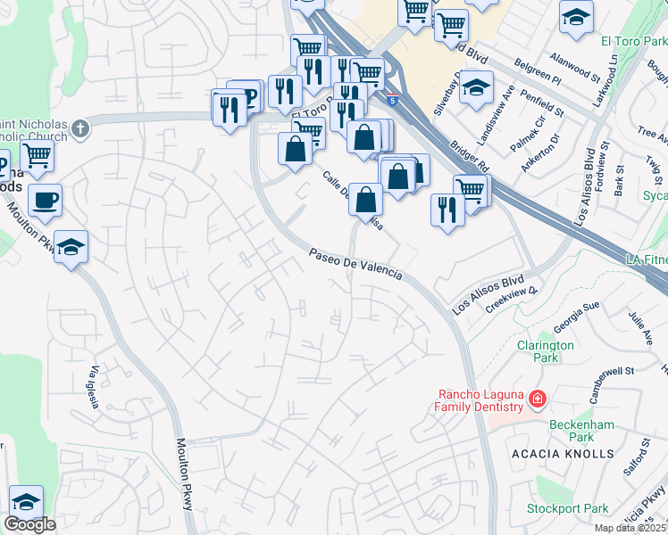 map of restaurants, bars, coffee shops, grocery stores, and more near 124 Via Estrada in Laguna Woods