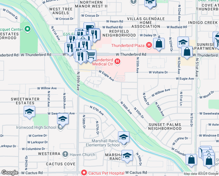 map of restaurants, bars, coffee shops, grocery stores, and more near 5601 West Eugie Avenue in Glendale