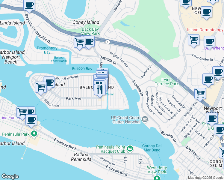 map of restaurants, bars, coffee shops, grocery stores, and more near 221 Abalone Avenue in Newport Beach