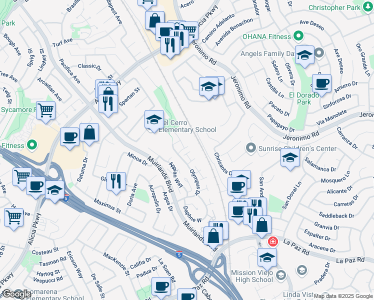 map of restaurants, bars, coffee shops, grocery stores, and more near 24525 Veronica Court in Mission Viejo