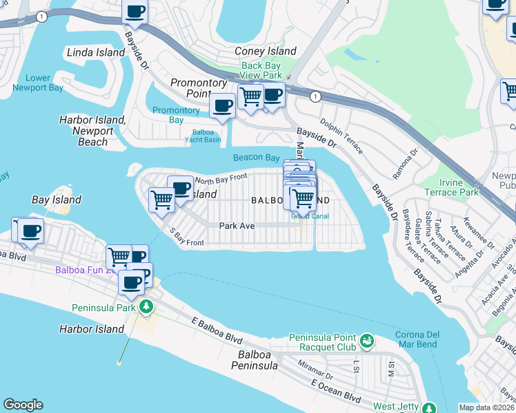 map of restaurants, bars, coffee shops, grocery stores, and more near 204 Coral Avenue in Newport Beach