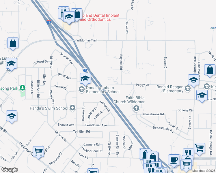 map of restaurants, bars, coffee shops, grocery stores, and more near 23305 Peggy Lane in Wildomar