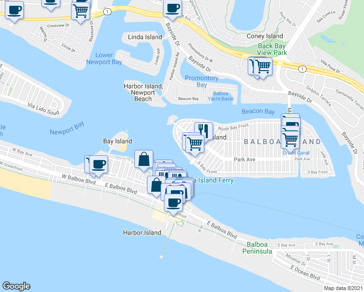 map of restaurants, bars, coffee shops, grocery stores, and more near 210 South Bay Front in Newport Beach