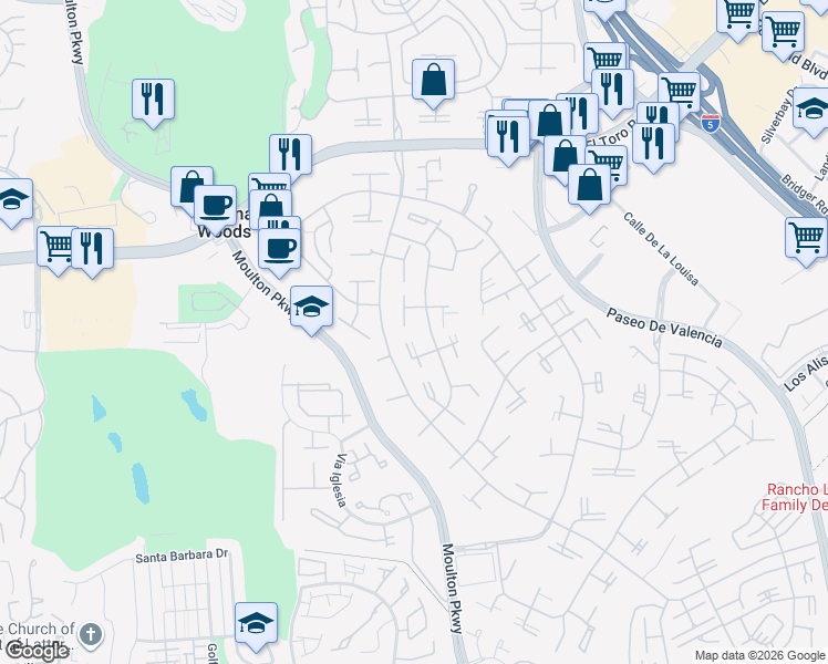 map of restaurants, bars, coffee shops, grocery stores, and more near 360 Avenida Castilla in Laguna Woods