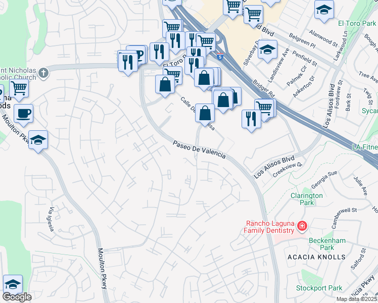 map of restaurants, bars, coffee shops, grocery stores, and more near 124 Via Estrada in Laguna Woods