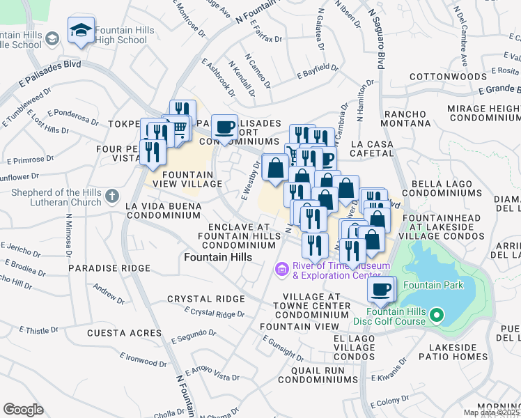 map of restaurants, bars, coffee shops, grocery stores, and more near 16525 East Avenue of the Fountains in Fountain Hills