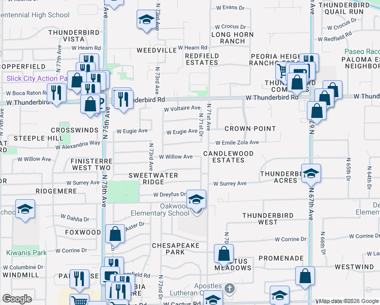 map of restaurants, bars, coffee shops, grocery stores, and more near 7173 West Willow Avenue in Peoria