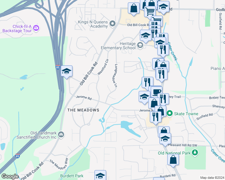 map of restaurants, bars, coffee shops, grocery stores, and more near 5505 Longmeadow Lane in College Park