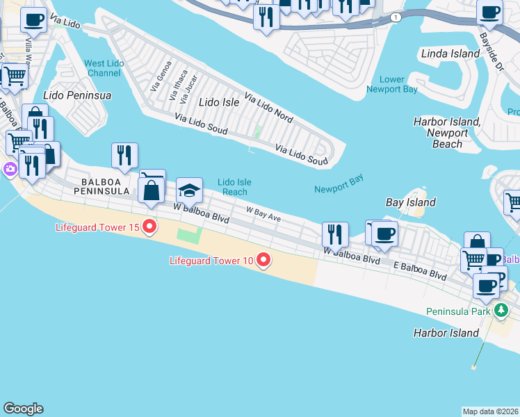 map of restaurants, bars, coffee shops, grocery stores, and more near 1042 West Bay Avenue in Newport Beach