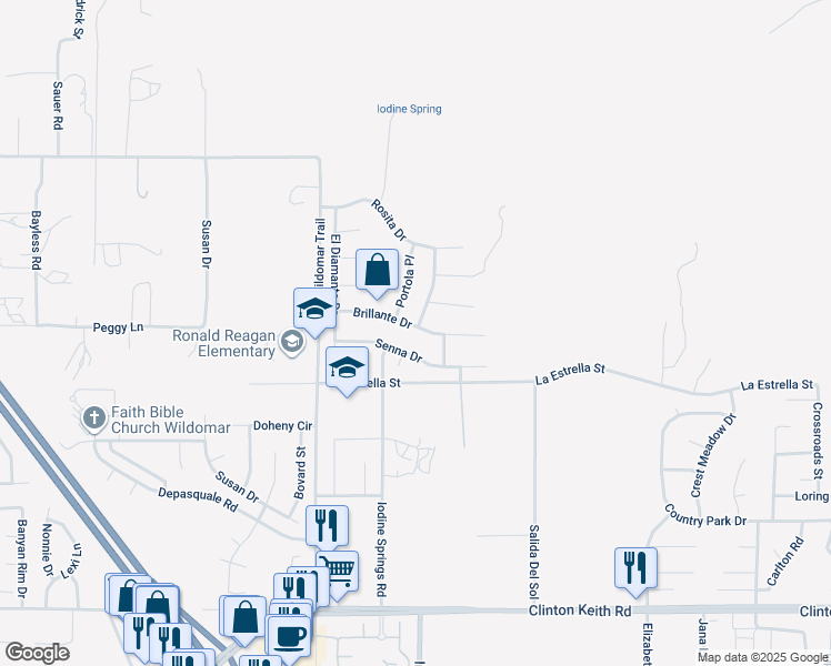 map of restaurants, bars, coffee shops, grocery stores, and more near 24231 Brillante Drive in Wildomar