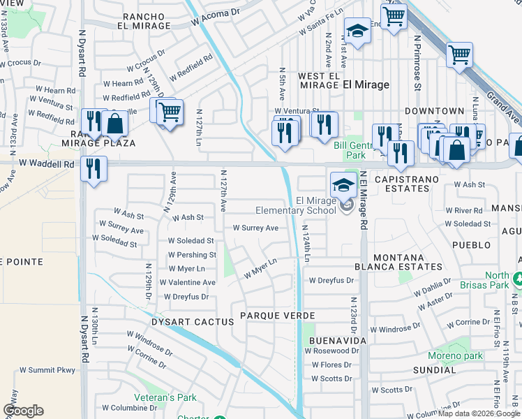 map of restaurants, bars, coffee shops, grocery stores, and more near 12538 West Ash Street in El Mirage