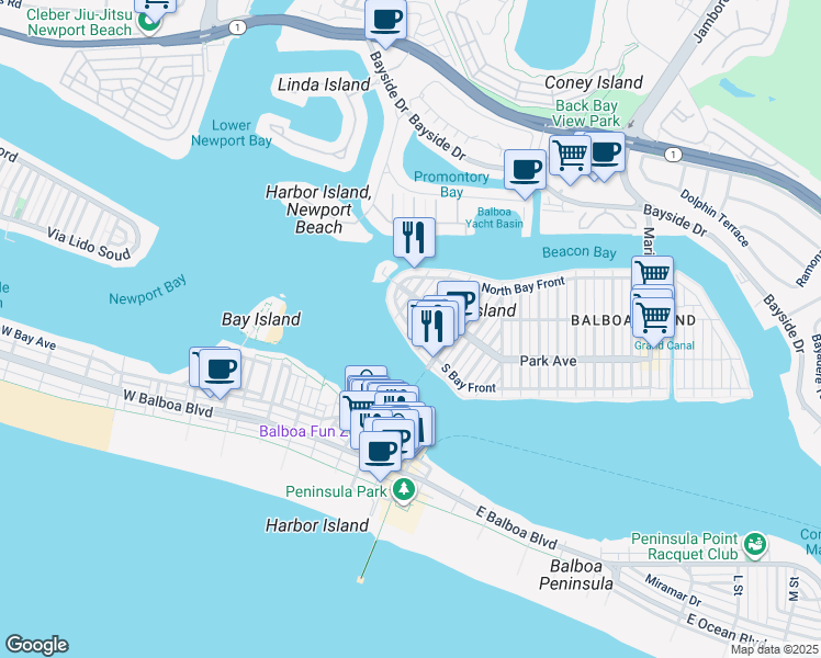 map of restaurants, bars, coffee shops, grocery stores, and more near 2 Garnet Avenue in Newport Beach